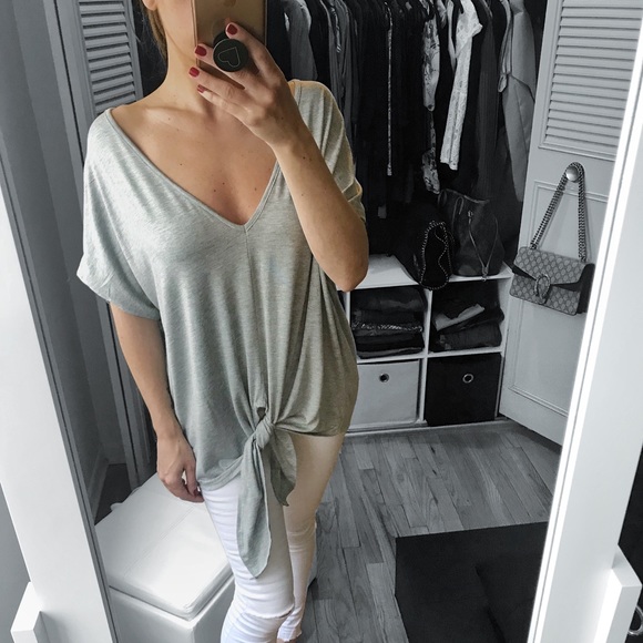 LAST 3✨Heather Gray Solid Loose Fit Tie Top - Picture 3 of 8